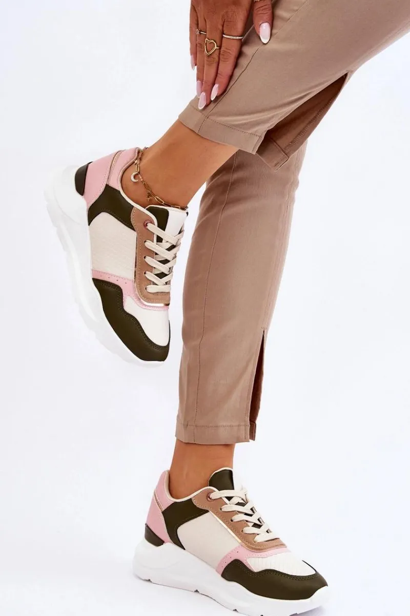 Hot Boto Damskie Skórzane Buty Sportowe Na Platformie Beżowo-Różowe Chaya