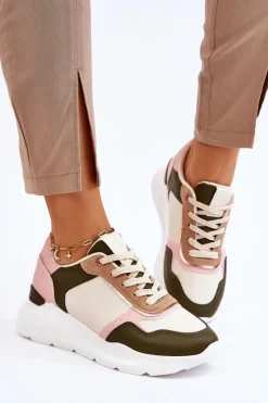 Hot Boto Damskie Skórzane Buty Sportowe Na Platformie Beżowo-Różowe Chaya