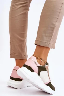 Hot Boto Damskie Skórzane Buty Sportowe Na Platformie Beżowo-Różowe Chaya