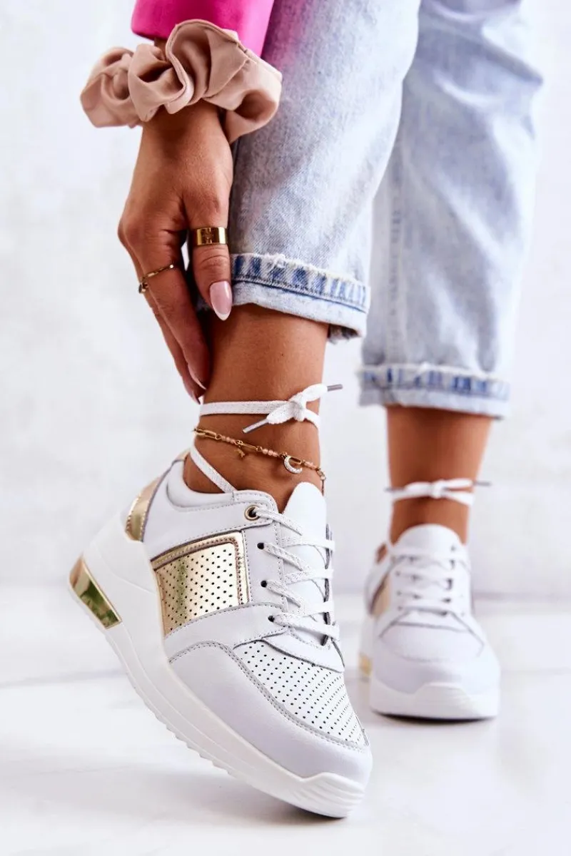 Outlet Damskie buty S.Barski Damskie Skórzane Buty Sportowe Na Koturnie Białe Larson