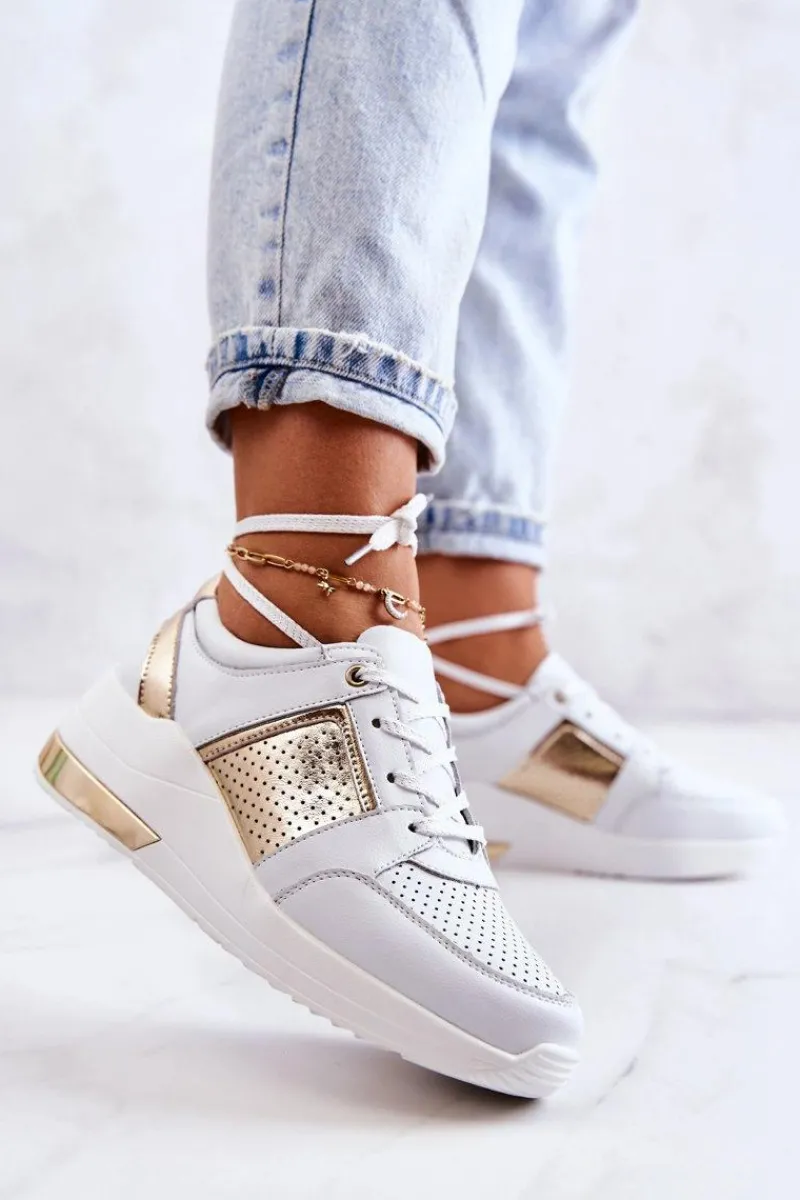 Outlet Damskie buty S.Barski Damskie Skórzane Buty Sportowe Na Koturnie Białe Larson