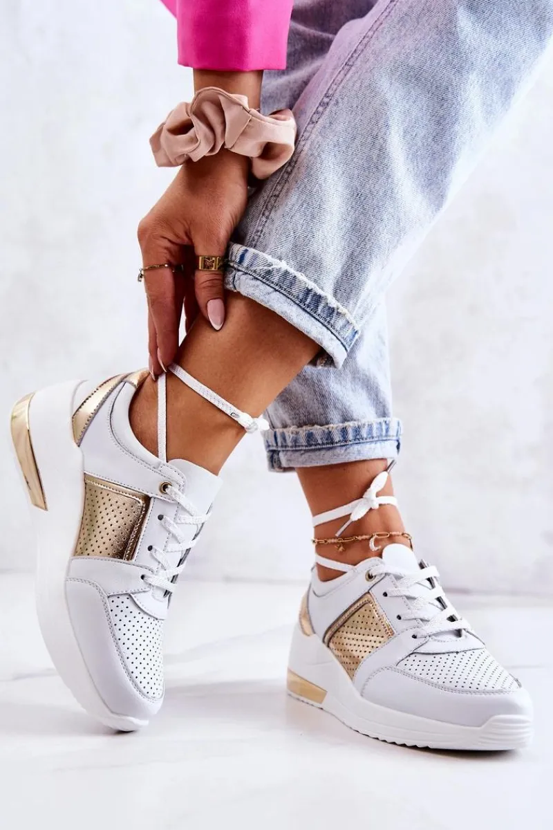 Outlet Damskie buty S.Barski Damskie Skórzane Buty Sportowe Na Koturnie Białe Larson