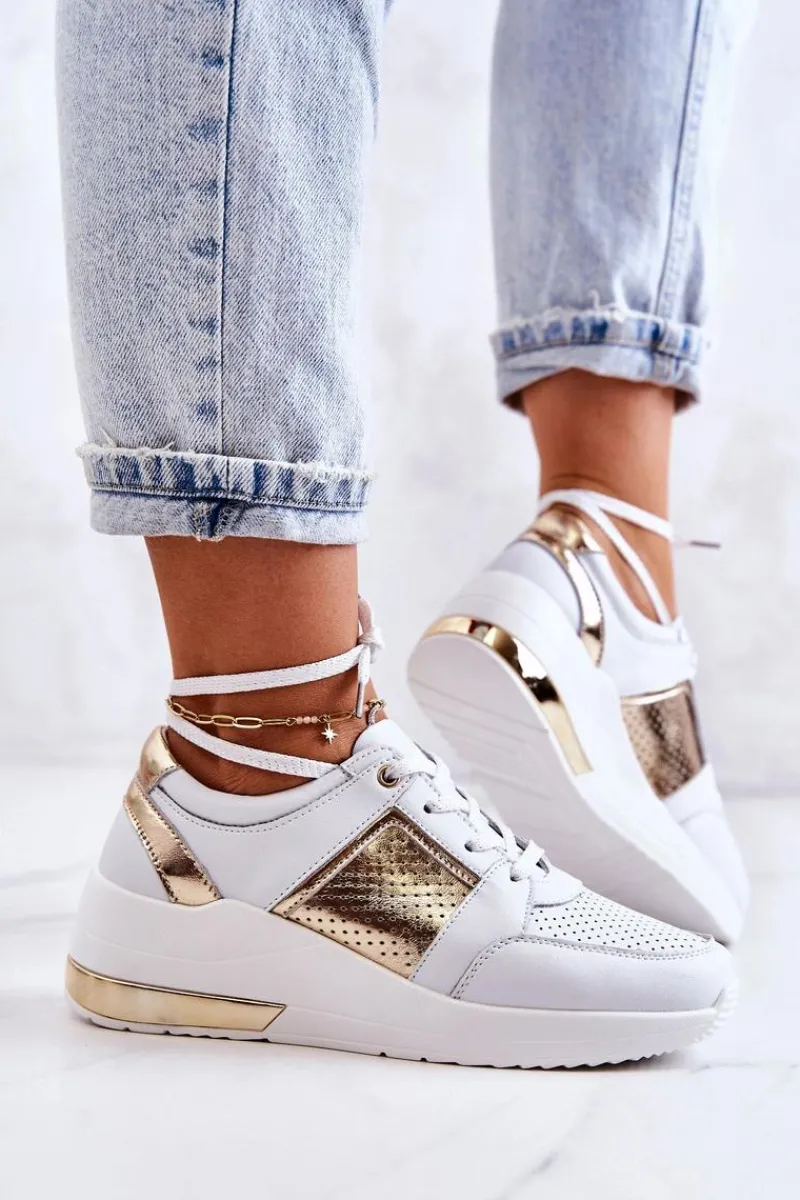 Outlet Damskie buty S.Barski Damskie Skórzane Buty Sportowe Na Koturnie Białe Larson