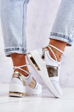 Outlet Damskie buty S.Barski Damskie Skórzane Buty Sportowe Na Koturnie Białe Larson