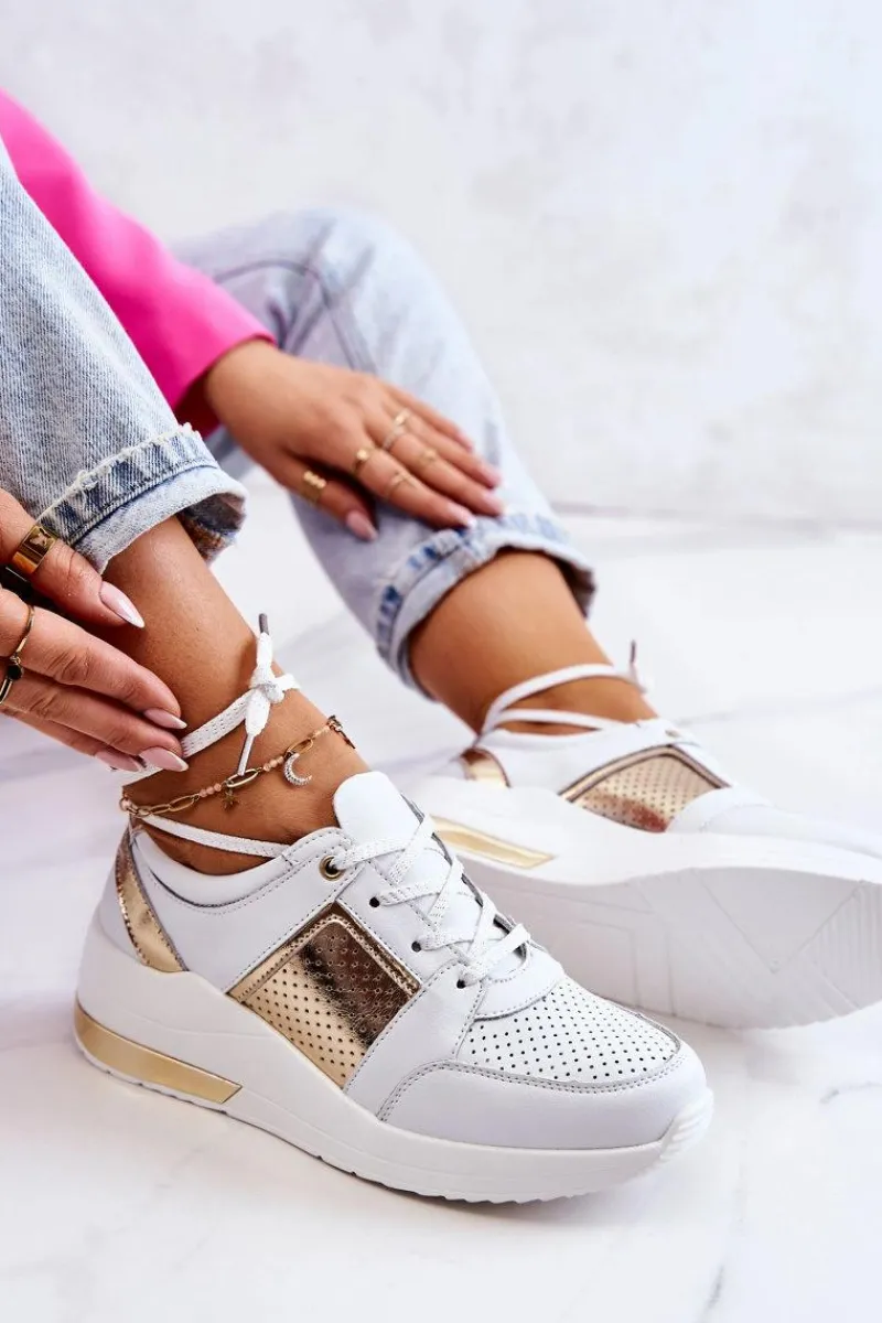 Outlet Damskie buty S.Barski Damskie Skórzane Buty Sportowe Na Koturnie Białe Larson