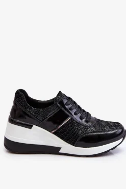 Sneakersy Damskie>Damskie buty S.Barski Damskie Skórzane Buty Sportowe Na Koturnie Czarne Crosby