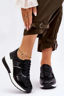 Sneakersy Damskie>Damskie buty S.Barski Damskie Skórzane Buty Sportowe Na Koturnie Czarne Crosby