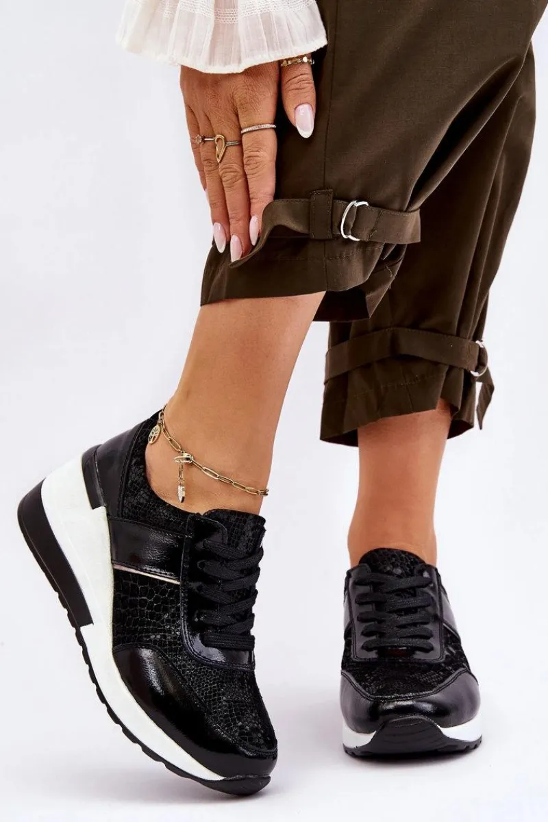 Sneakersy Damskie>Damskie buty S.Barski Damskie Skórzane Buty Sportowe Na Koturnie Czarne Crosby