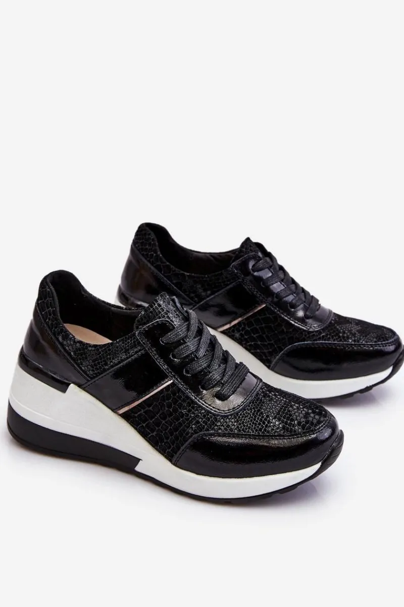 Sneakersy Damskie>Damskie buty S.Barski Damskie Skórzane Buty Sportowe Na Koturnie Czarne Crosby