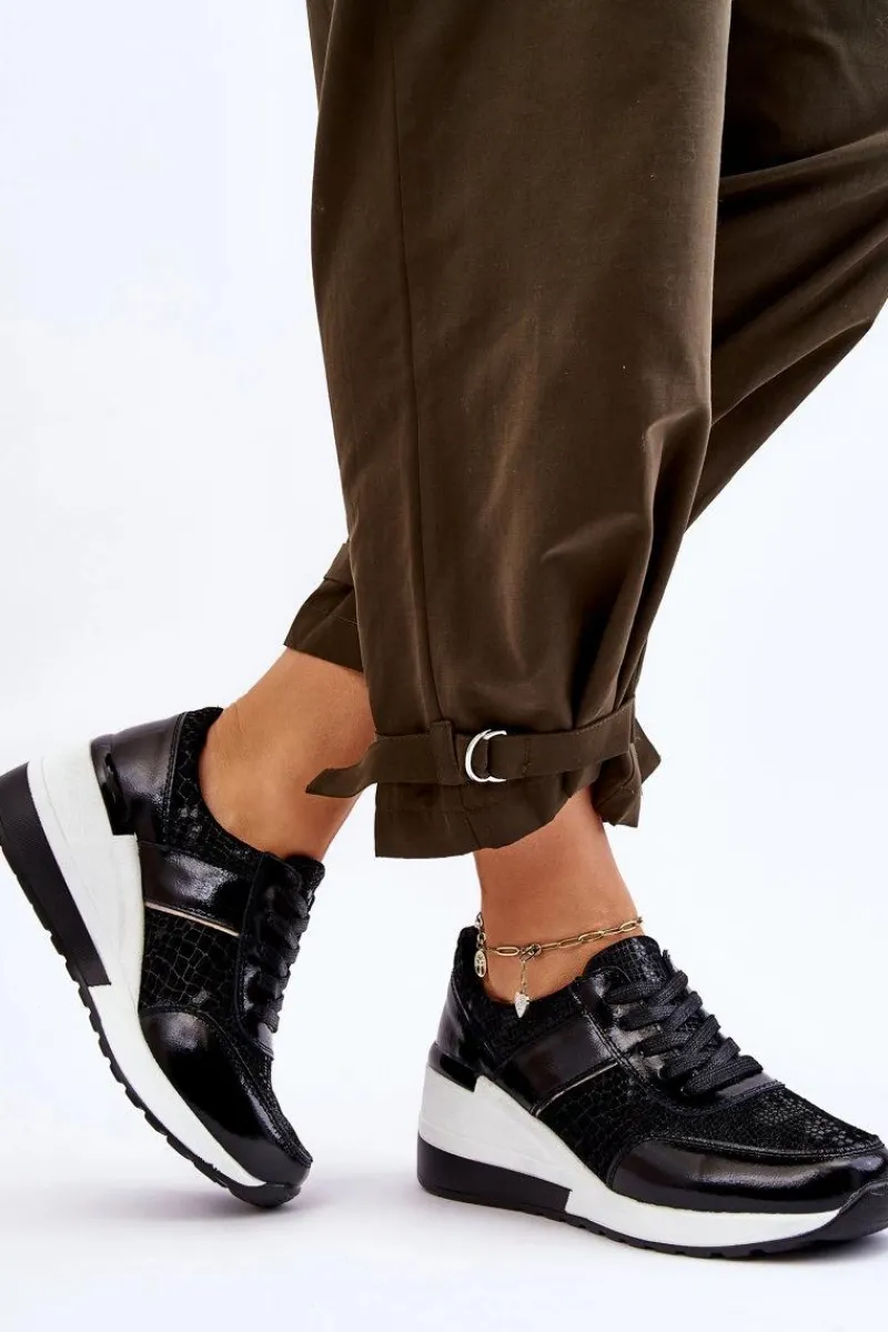 Sneakersy Damskie>Damskie buty S.Barski Damskie Skórzane Buty Sportowe Na Koturnie Czarne Crosby