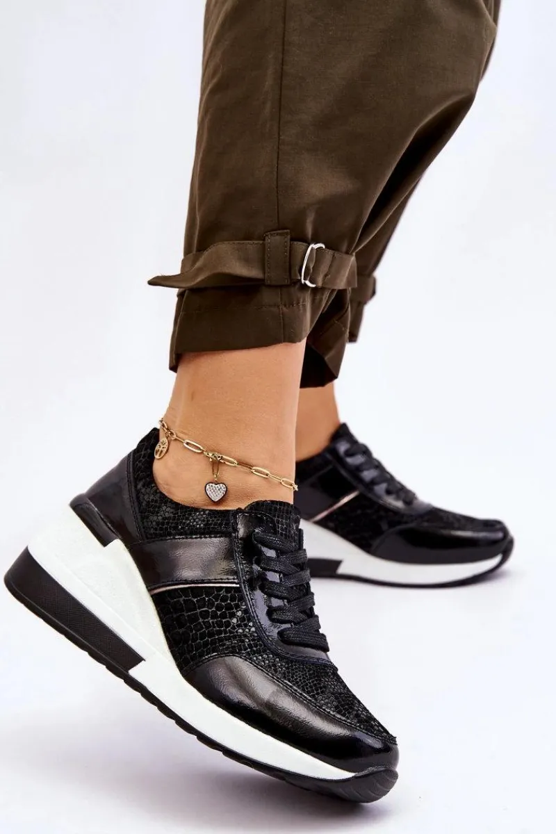 Sneakersy Damskie>Damskie buty S.Barski Damskie Skórzane Buty Sportowe Na Koturnie Czarne Crosby