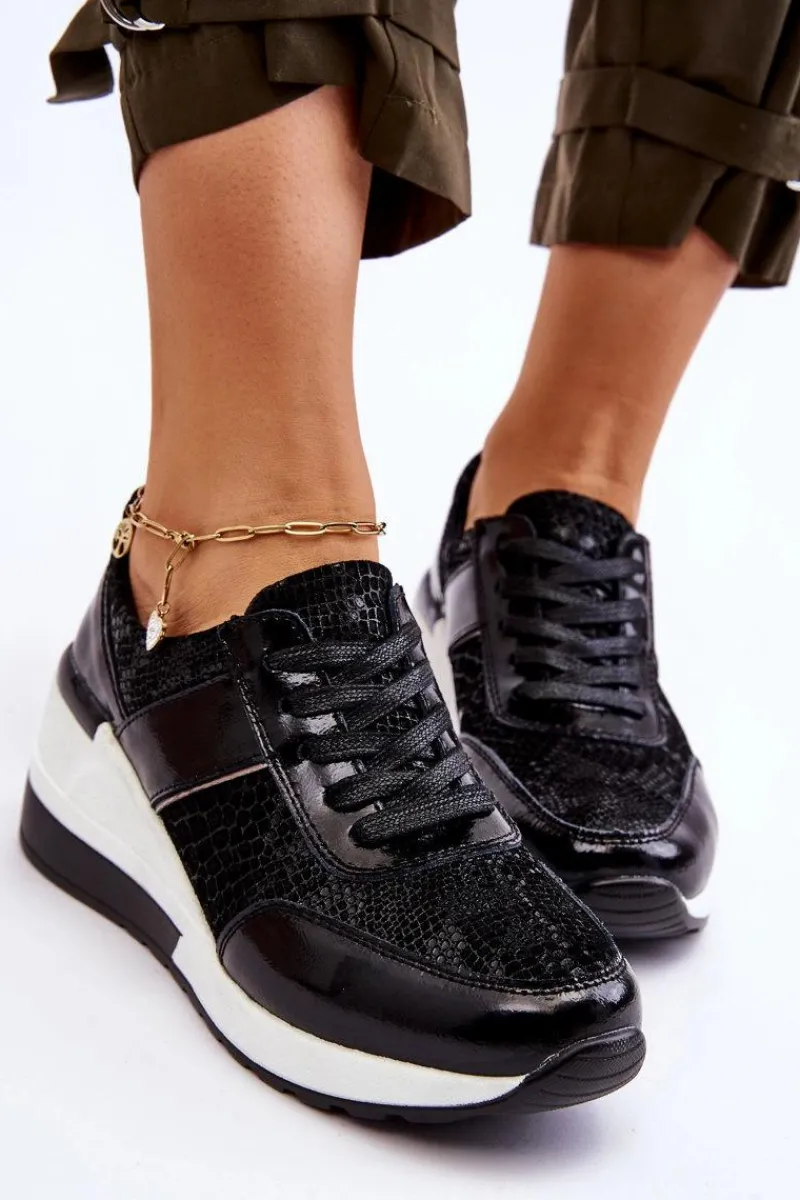 Sneakersy Damskie>Damskie buty S.Barski Damskie Skórzane Buty Sportowe Na Koturnie Czarne Crosby