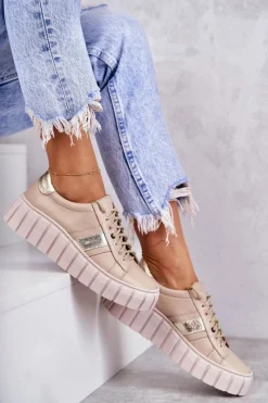 Discount Damskie Skórzane Buty Sportowe Wiązane Beżowo-Złote Ariva Damskie Buty Sportowe Na Platformie