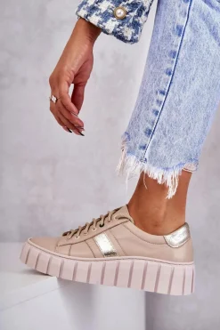 Discount Damskie Skórzane Buty Sportowe Wiązane Beżowo-Złote Ariva Damskie Buty Sportowe Na Platformie