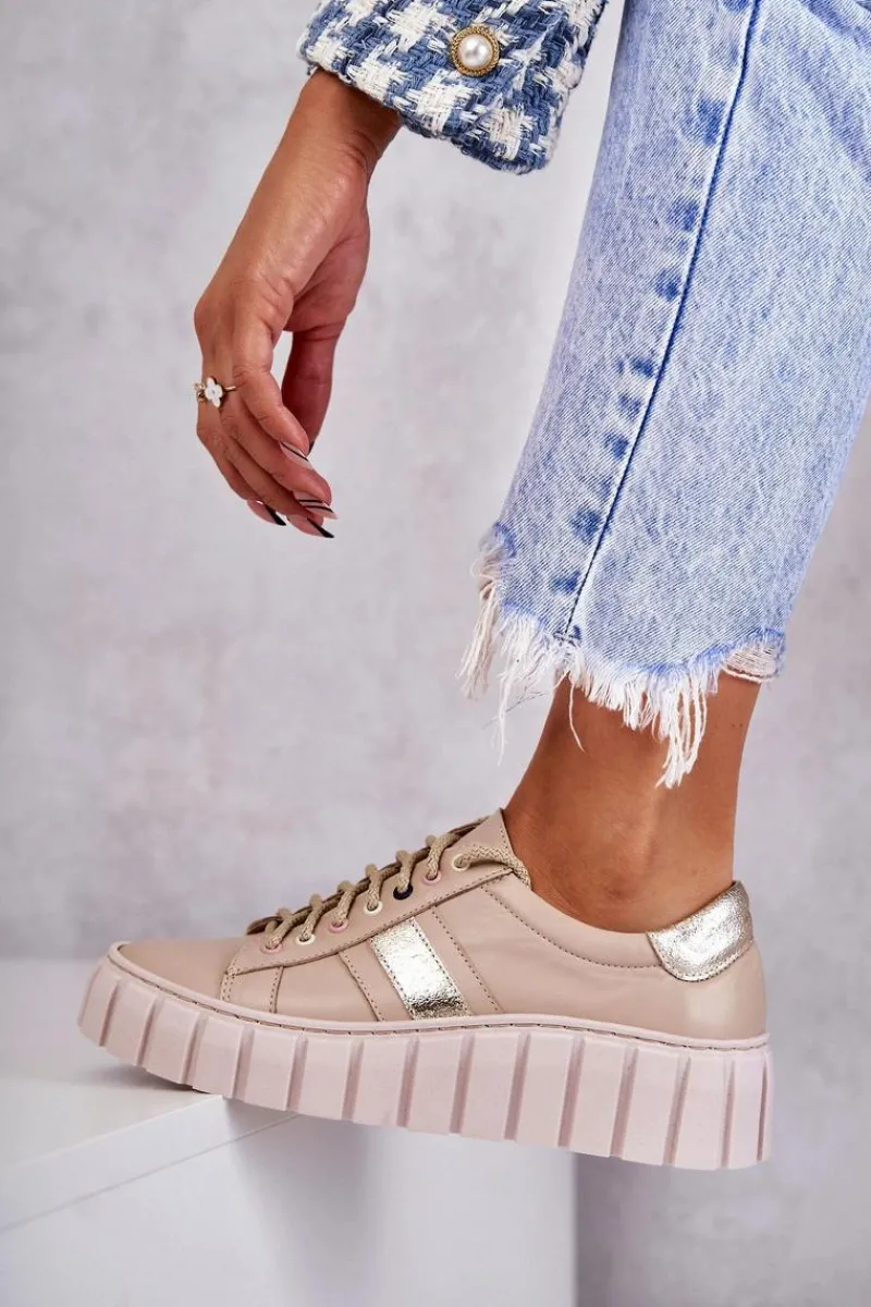 Discount Damskie Skórzane Buty Sportowe Wiązane Beżowo-Złote Ariva Damskie Buty Sportowe Na Platformie