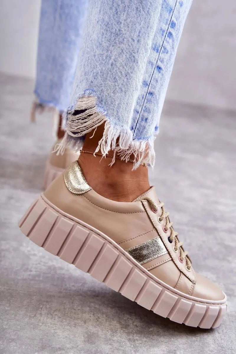 Discount Damskie Skórzane Buty Sportowe Wiązane Beżowo-Złote Ariva Damskie Buty Sportowe Na Platformie