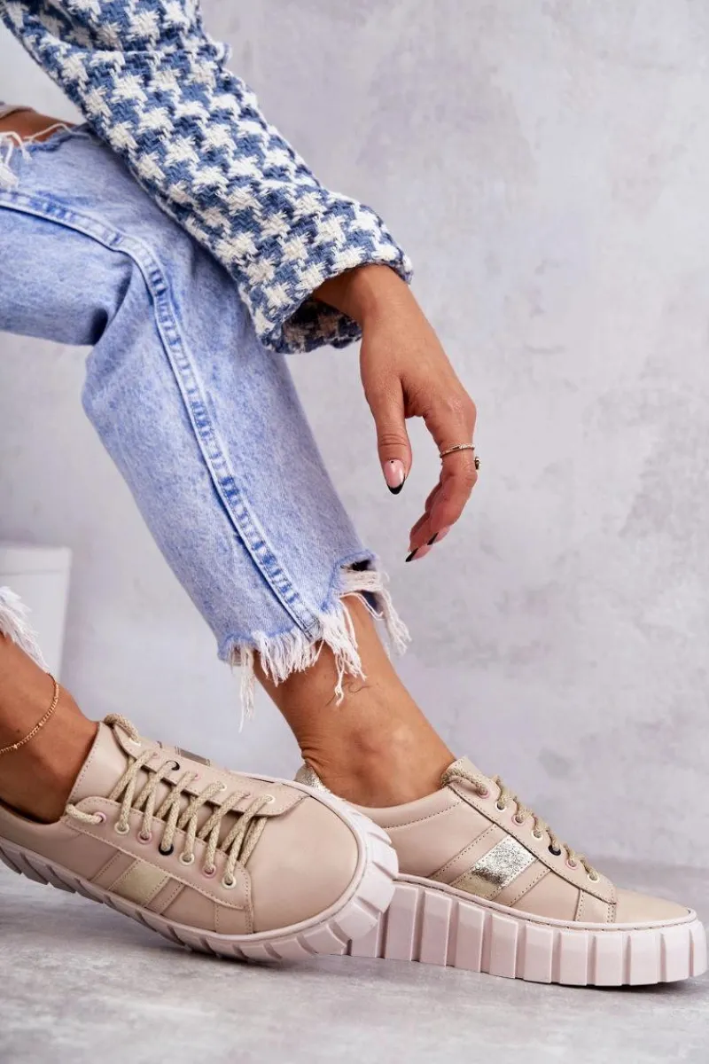 Discount Damskie Skórzane Buty Sportowe Wiązane Beżowo-Złote Ariva Damskie Buty Sportowe Na Platformie