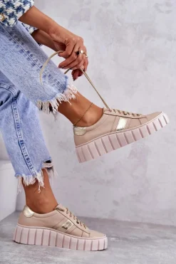 Discount Damskie Skórzane Buty Sportowe Wiązane Beżowo-Złote Ariva Damskie Buty Sportowe Na Platformie