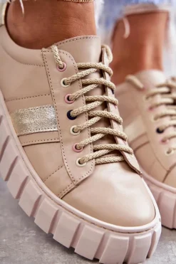 Discount Damskie Skórzane Buty Sportowe Wiązane Beżowo-Złote Ariva Damskie Buty Sportowe Na Platformie