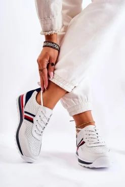 Trampki Damskie Niskie>Evento Damskie Skórzane Buty Sportowe Biało-Granatowe Jane