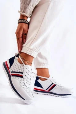 Trampki Damskie Niskie></noscript>Evento Damskie Skórzane Buty Sportowe Biało-Granatowe Jane