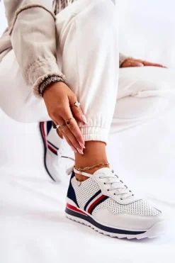 Trampki Damskie Niskie></noscript>Evento Damskie Skórzane Buty Sportowe Biało-Granatowe Jane