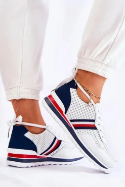 Trampki Damskie Niskie></noscript>Evento Damskie Skórzane Buty Sportowe Biało-Granatowe Jane