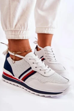 Trampki Damskie Niskie></noscript>Evento Damskie Skórzane Buty Sportowe Biało-Granatowe Jane