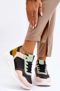 Buty Sportowe Na Platformie|Sneakersy Damskie>Boto Damskie Skórzane Buty Sportowe Na Platformie Czarno-Zielone Chaya