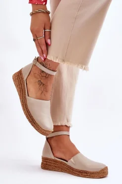 Sandały Na Koturnie>Boto Damskie Skórzane Espadryle Sandały Beżowe Lemar Moise