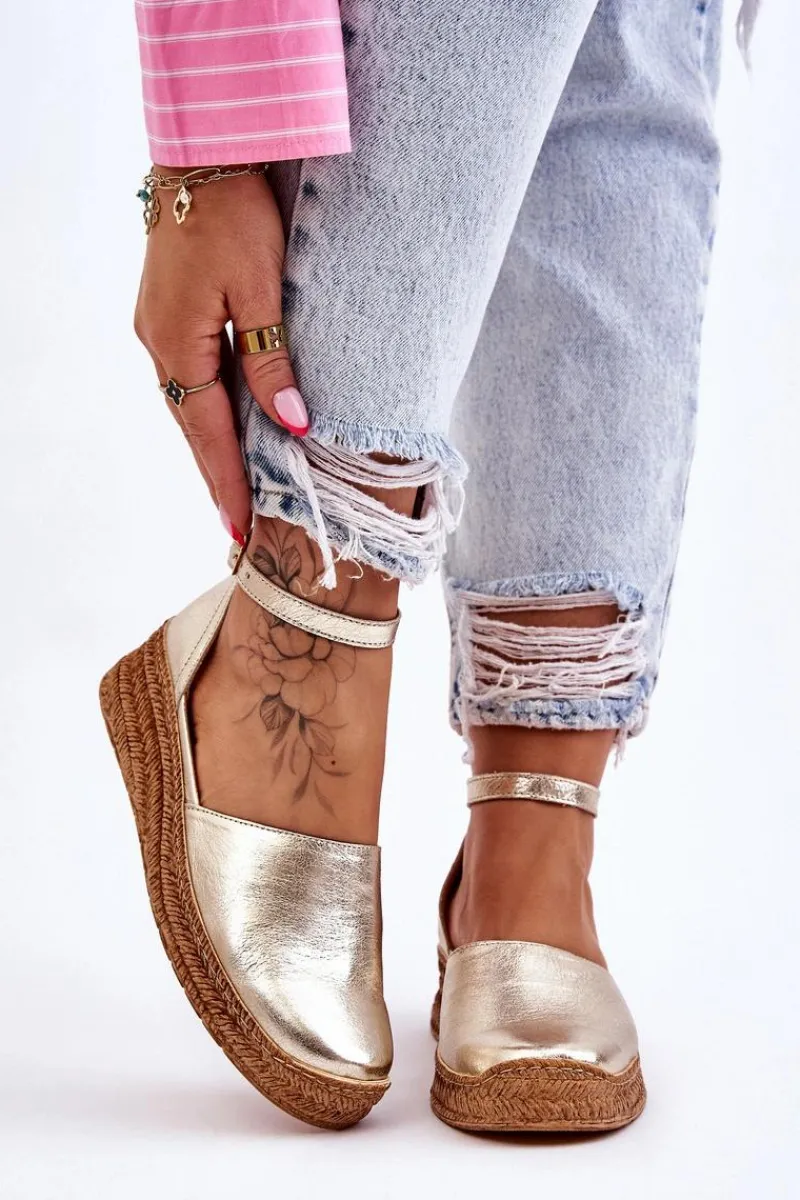 New Damskie Skórzane Espadryle Sandały Złote Moise Damskie Sandały Na Koturnie