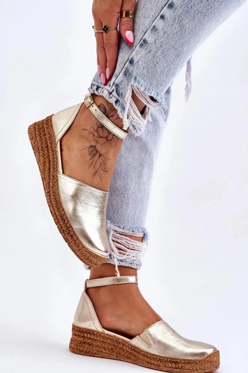 New Damskie Skórzane Espadryle Sandały Złote Moise Damskie Sandały Na Koturnie