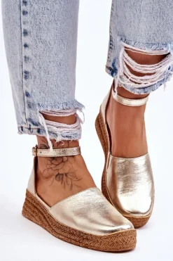 New Damskie Skórzane Espadryle Sandały Złote Moise Damskie Sandały Na Koturnie