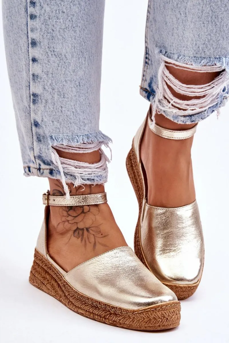 New Damskie Skórzane Espadryle Sandały Złote Moise Damskie Sandały Na Koturnie