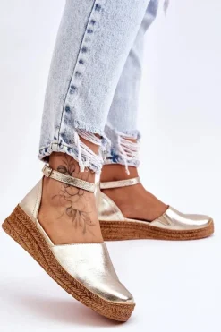 New Damskie Skórzane Espadryle Sandały Złote Moise Damskie Sandały Na Koturnie