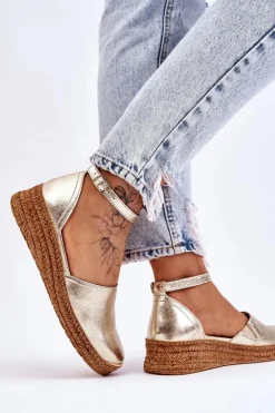 New Damskie Skórzane Espadryle Sandały Złote Moise Damskie Sandały Na Koturnie