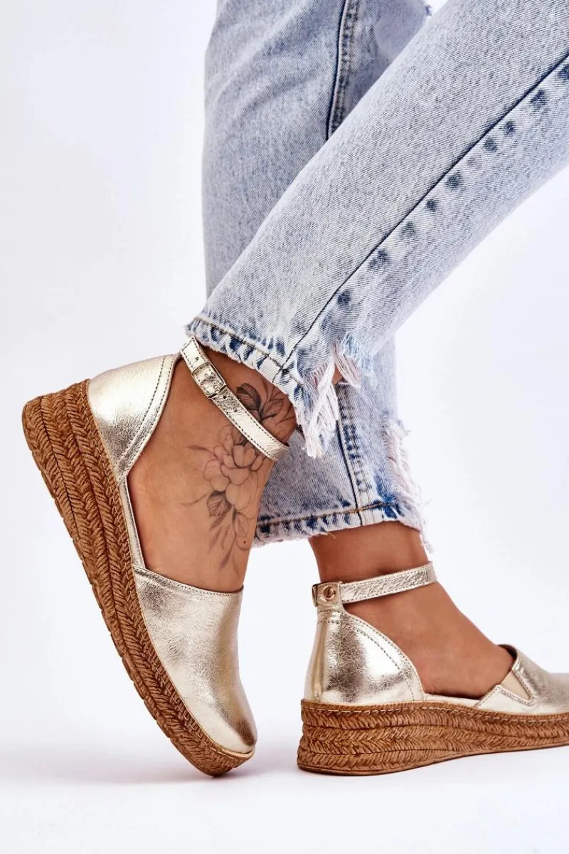 New Damskie Skórzane Espadryle Sandały Złote Moise Damskie Sandały Na Koturnie