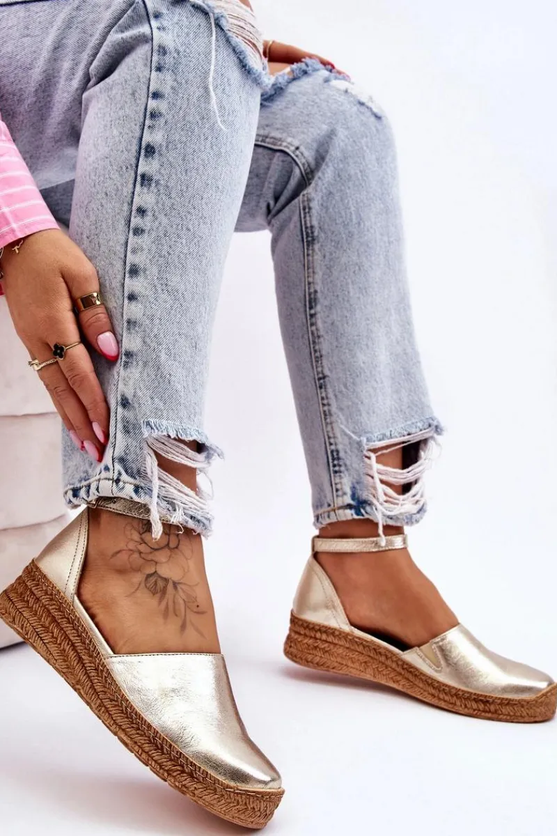 New Damskie Skórzane Espadryle Sandały Złote Moise Damskie Sandały Na Koturnie