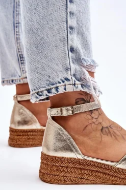 New Damskie Skórzane Espadryle Sandały Złote Moise Damskie Sandały Na Koturnie
