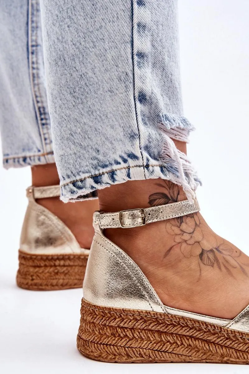 New Damskie Skórzane Espadryle Sandały Złote Moise Damskie Sandały Na Koturnie