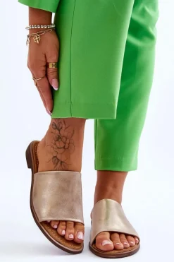 Online Damskie Skórzane Gładkie Klapki Złote Cerise Damskie Klapki Damskie Klasyczne