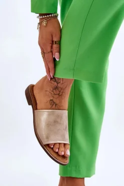 Online Damskie Skórzane Gładkie Klapki Złote Cerise Damskie Klapki Damskie Klasyczne