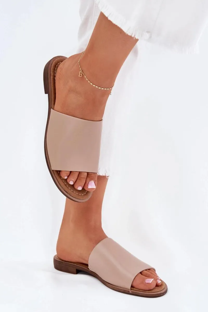 Klapki Damskie Klasyczne>Evento Damskie Skórzane Gładkie Klapki Beżowe Cerise Beżowy