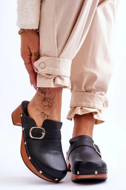 Klapki Damskie Klasyczne>Boto Damskie Skórzane Klapki Chodaki Czarne Fanett