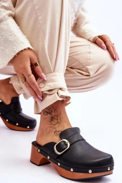 Klapki Damskie Klasyczne>Boto Damskie Skórzane Klapki Chodaki Czarne Fanett