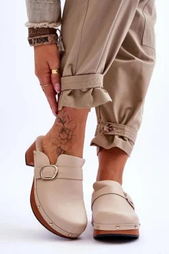 Outlet Damskie Skórzane Klapki Chodaki Beżowe Fanett Damskie Klapki Damskie Klasyczne