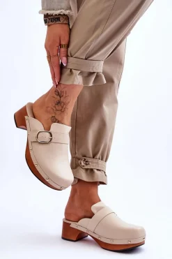 Outlet Damskie Skórzane Klapki Chodaki Beżowe Fanett Damskie Klapki Damskie Klasyczne