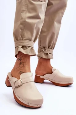 Outlet Damskie Skórzane Klapki Chodaki Beżowe Fanett Damskie Klapki Damskie Klasyczne