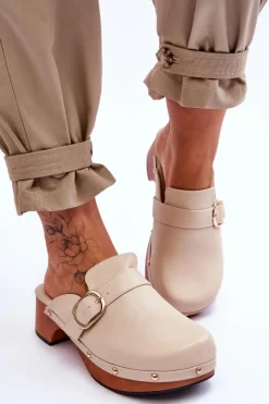 Outlet Damskie Skórzane Klapki Chodaki Beżowe Fanett Damskie Klapki Damskie Klasyczne