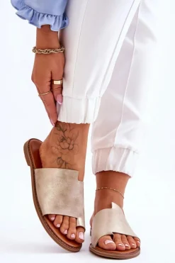 New Evento Damskie Skórzane Klapki Japonki Jasnozłote Amite Złoty